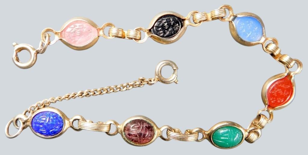 Jewelry and Decorative Items Including Scarab Bracelet, Brooches, and Thimbles - 2