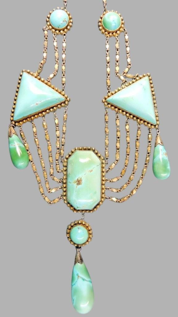 Grouping of Jewelry Items Including Enameled Belt, Tourquoise Necklace, and Bird Pin - 10