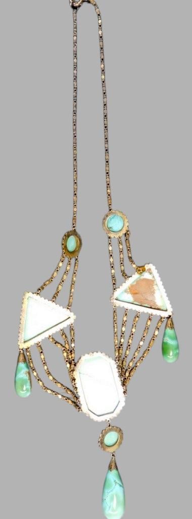 Grouping of Jewelry Items Including Enameled Belt, Tourquoise Necklace, and Bird Pin - 12