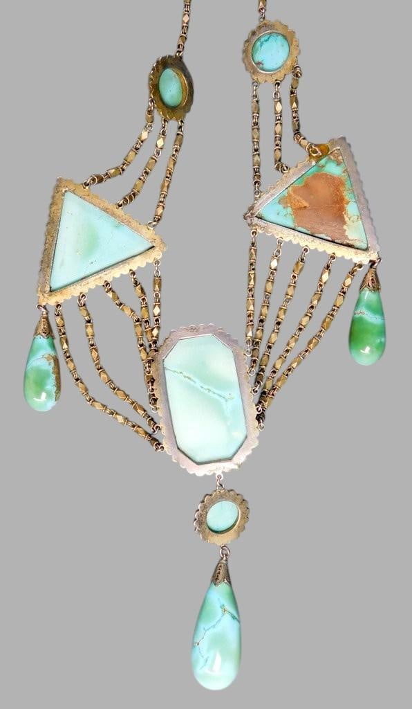 Grouping of Jewelry Items Including Enameled Belt, Tourquoise Necklace, and Bird Pin - 13