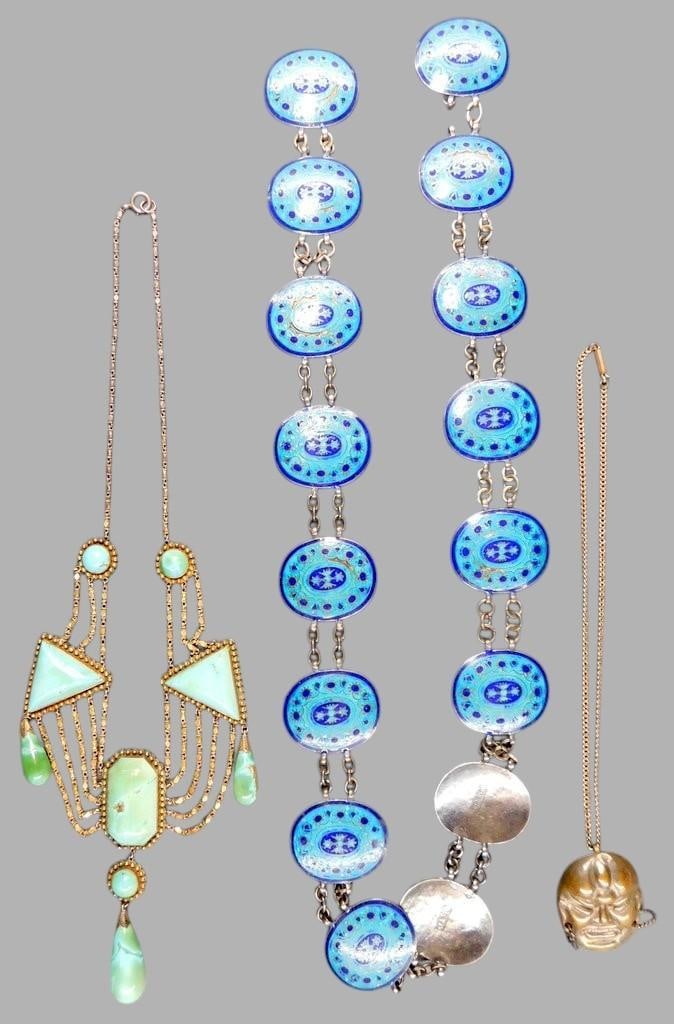Grouping of Jewelry Items Including Enameled Belt, Tourquoise Necklace, and Bird Pin: Jewelry items comprising: a belt with blue enamel medallions marked N.R. & Sons; an Art Deco-style gold-tone necklace featuring turquoise and green glass stones with intricate chain-link design; a