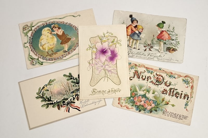 Konvolut antike Postkarten: Konvolut 5 Stk. antike Karten Postkarten Glückwunschkaten, versch. Epochen, Biedermeir - Jugendstil ,19./20. Jh, 1x unbeschrieben, Breite von ca. 13,5 - 14cm, Höhe ca. 9cm, Sammlerstück aus Bremer