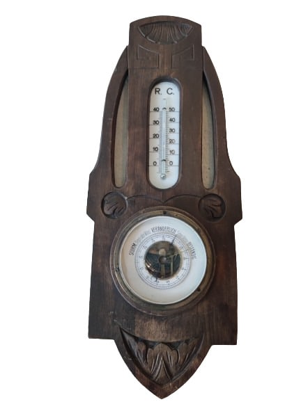 Jugendstil Wetterstation: Jugendstil Wetterstation mit Thermometer und Barometer, Maße ca. 43 x 17cm Interne Nummer A0171400489