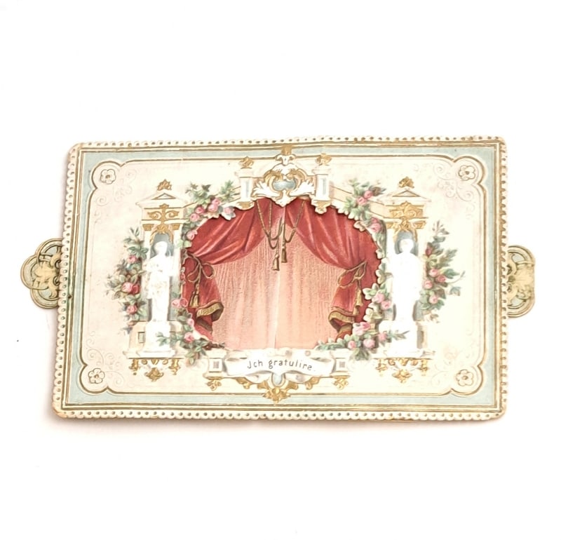 Antike Karte Diorama: Antike Karte Postkarte Glückwunschkarte Diorama 19Jh., Breite ca. 18,5cm, Höhe ca. 8cm, rares Sammlerstück aus Bremer Privatsammlung Interne Nr. A0171400164