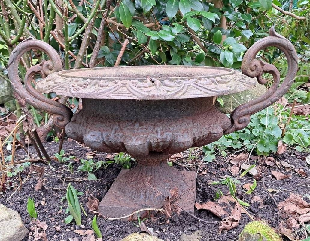 Antike Gusseisen Henkelschale: Antike französische Vase Gusseisen Henkelschale Blumentopf mit Griffen, Rostangriff und Verschleiß., Maße ca. 41x 63cm, Ø Schale ca. 43cm Interne Nummer A0171400313