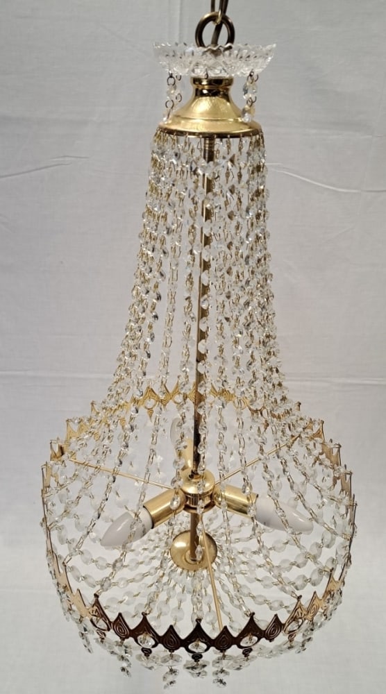 Kristall Kronleuchter Lüster: Kristall Kronleuchter 3-flammig Höhe ca. 94cm, Ø ca. 42cm, Kristallbesatz vollständig, funktionstüchtig Interne Nr. A017/0060900023