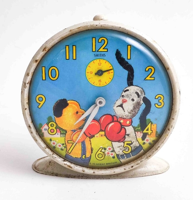 Vintage Boxhandschuh Wecker: Vintage Smith's Alarm Wecker, Sooty und Sweep Boxing Wecker, 1950/60er Jahre, Funktion ungepr. Interne Nr. A0171600005