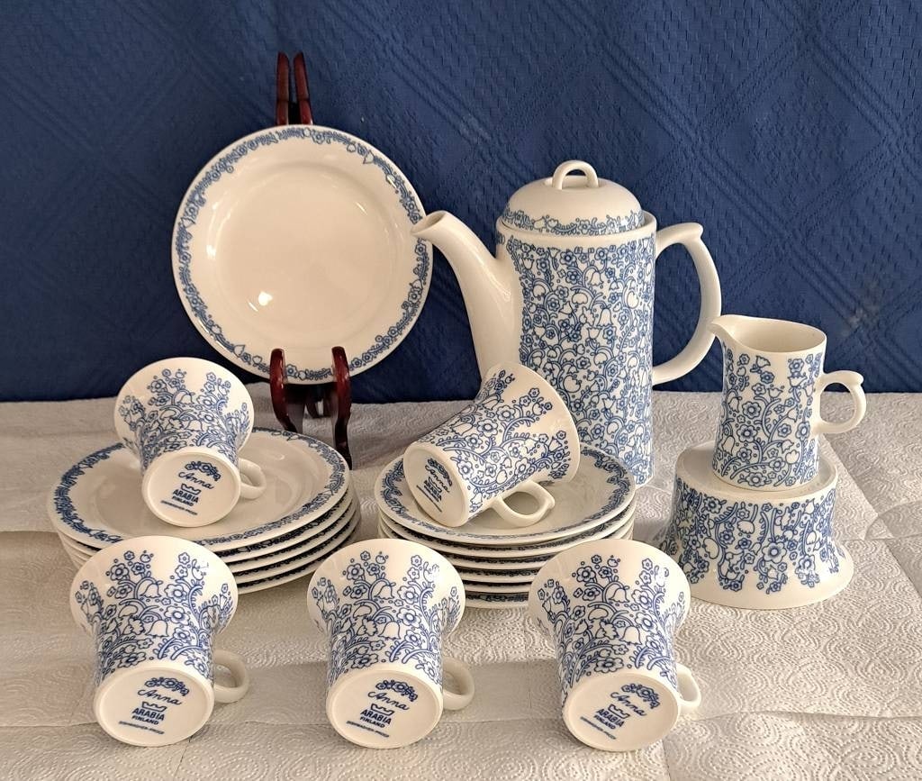 20-teiliges Service Anna Arabia Finnland: 20-teiliges Kaffee / Frühstücksservice Service Dekor "Anna", Manufaktur Anna Finland, bestehend aus 6x Kaffeetassen, 6x Untertassenteller, 1x Kaffeekanne, 1x Zuckertopf, 1x Milchkännchen, alle