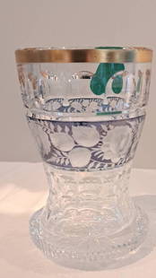 Bömisches Becherglas Ranftbecher: Antiker bömischer Ranftbecher, Vase?, blau-klar mit floralem Motiv, Goldrand, Maße ca. 14cm hoch, Ø oben ca. 9cm, unbest. Sammlerstück Interne Nr. A0171400407
