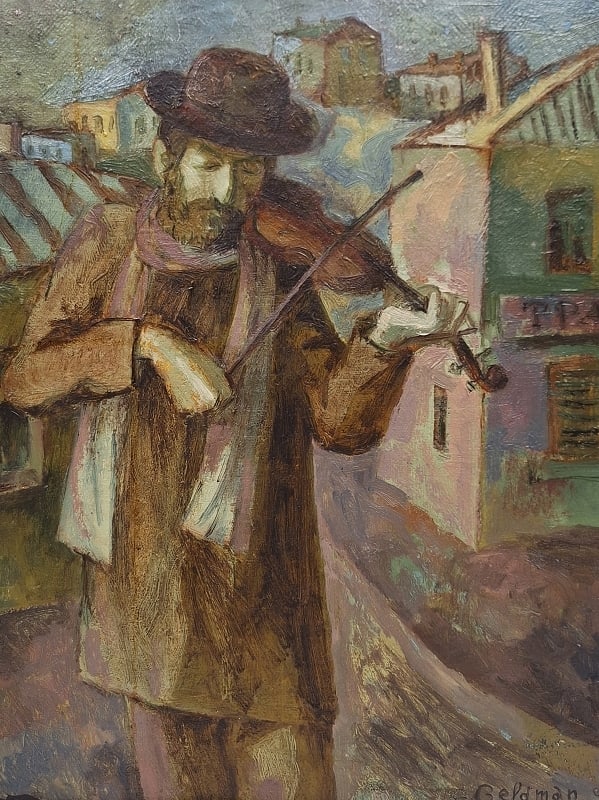Ölgemälde Fiedler auf dem Dach: unbek. Expressionist, Rcht. Kubismus, sign. Geldmann ? 1921, Öl auf Leinwand, Titel "Fiedler auf dem Dach" gerahmt, Maße Rahmen ca. 44 x 53cm, Bildausschnitt ca. 36 x 44cm Interne Nr. A0181100000