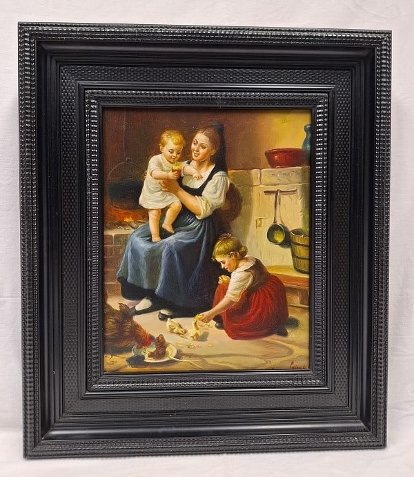 Öldruck auf Platte: Hochwertiger Öldruck auf Platte, Küchenszene, Frau mit Kindern und Kücken, hochwertig gerahmt, Maße Rahmen ca. 51 x 59 x 6,5 cm, Bildausschnitt ca. 30 x 38,5 cm, wohnfertiger guter Zustand