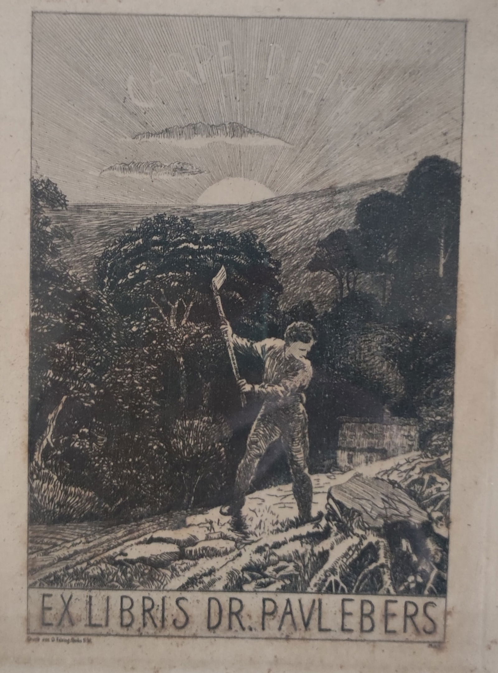 Hans am Ende Radierung: Hans am Ende (1864-1918, deutscher Landschaftsmaler des Impressionismus, Mitbegründer der Künstlerkolonie Worpswede) Radierung "Ex Libris Dr. Paul Ebers" Holzfäller auf Waldweg bei