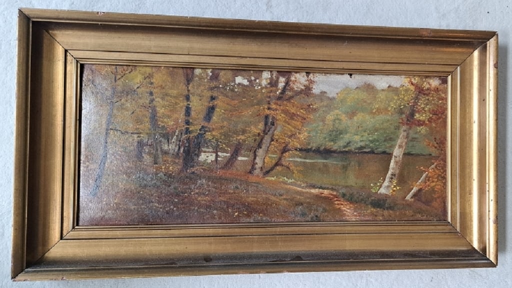 F. Breuer Ölbild: F. Breuer Ölbild auf Malpappe, gerahmt, Motiv Wald an Gewässer, u.r. signiert, Maße Rahmen ca. 62 x 33cm, Bildausschnitt ca. 49 x 22cm Interne Nummer A0171400820