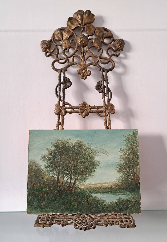 Antiker Bilderhalter incl. Ölgemälde: Großer Eisen Buch / Bilderhalter incl. kleinem Ölgemälde, unbek. Künstler Interne Nr. A017140003