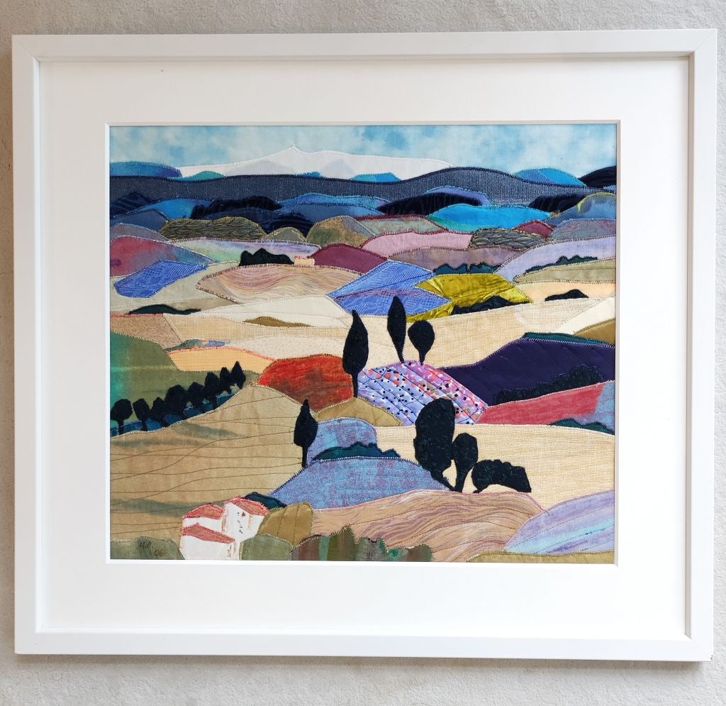 Heidi Hochapfel Textilcollage: Heidi Hochapfel Textilcollage 2006, "Mount Ventoux" Stoffapplikation, Rahmenmaß ca. 64 x 57cm, Darstellung ca. 47 x 41cm Interne Nummer A0171400830