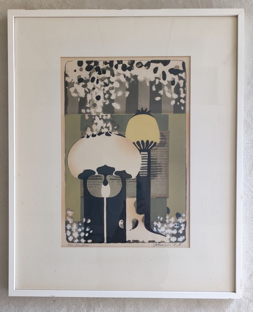 Johannes Eidt Grafik: Grafik Johannes Eidt geb. 1936 Osnabrück, Handsiebdruck, Farbsiebdruck, Motiv Eruption, auf festem, weißen Karton,hinter Glas gerahmt 6/10, Rahmenmaß ca. 58 x 71cm, Bildausschnitt ca. 33 x 47cm