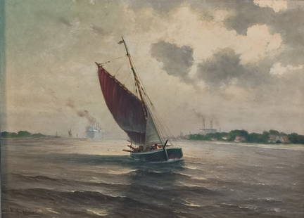 H. Kuhlmann Segelboot Flußlandschaft: H. Kuhlmann (1936), Hamburger Maler des 19./20. Jh., Segelboot, Öl auf Leinwand, u.l. sign., Rahmenmaß ca. 85 x 65cm, Bildausschnitt ca. 73 x 53cm Interne Nummer A0171400828