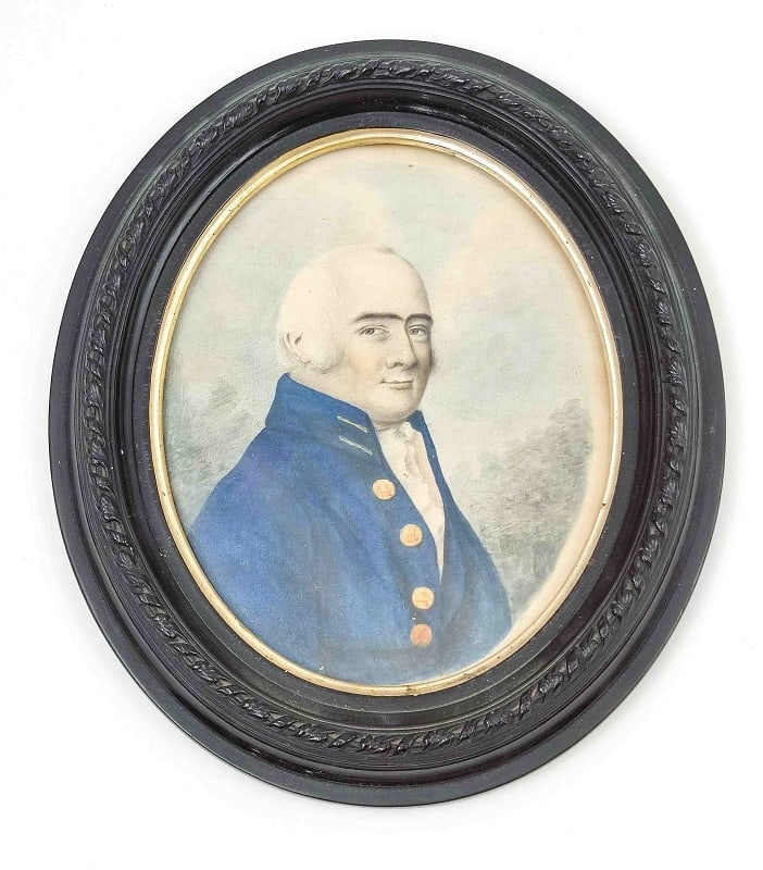 Antikes Portrait 1786: Gerahmtes antikes Aquarell Portrait eines Herren, evtl. Jean-Laurent de Durfort-Civrac? signiert E.P. Deli 1786, Maße Rahmen ca. 27,5 x 23,5cm, Bildausschnitt ca. 19,5 x 16cm, hinten handschriftliche