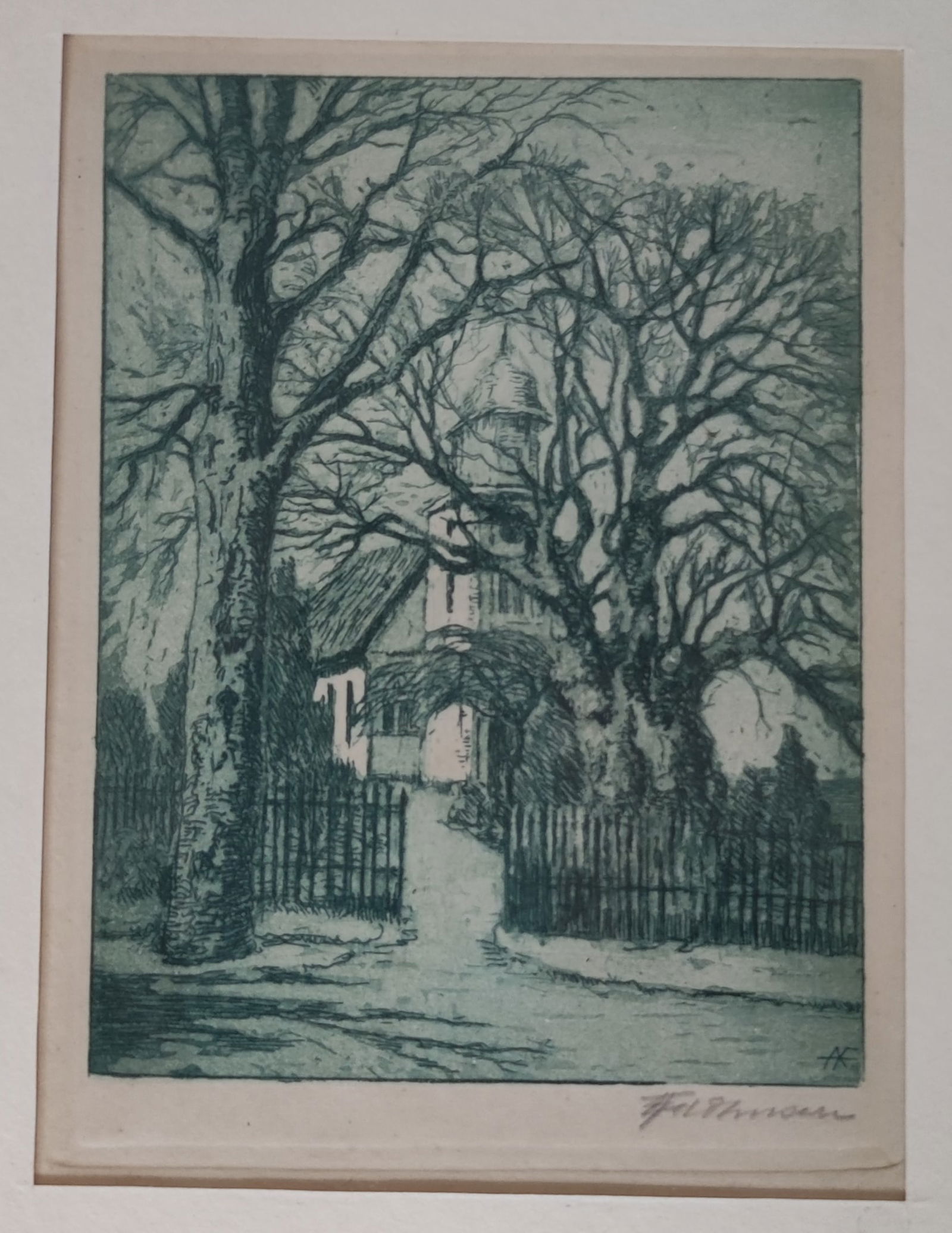 Anna Feldhusen Radierung: Anna Feldhusen Radierung, Motiv Kirche, gerahmt, Rahmenmaß ca. 19 x 22cm, Bildausschnitt ca. 9 x 12cm, u.r. signiert Anna Feldhusen Interne Nummer A0171400838