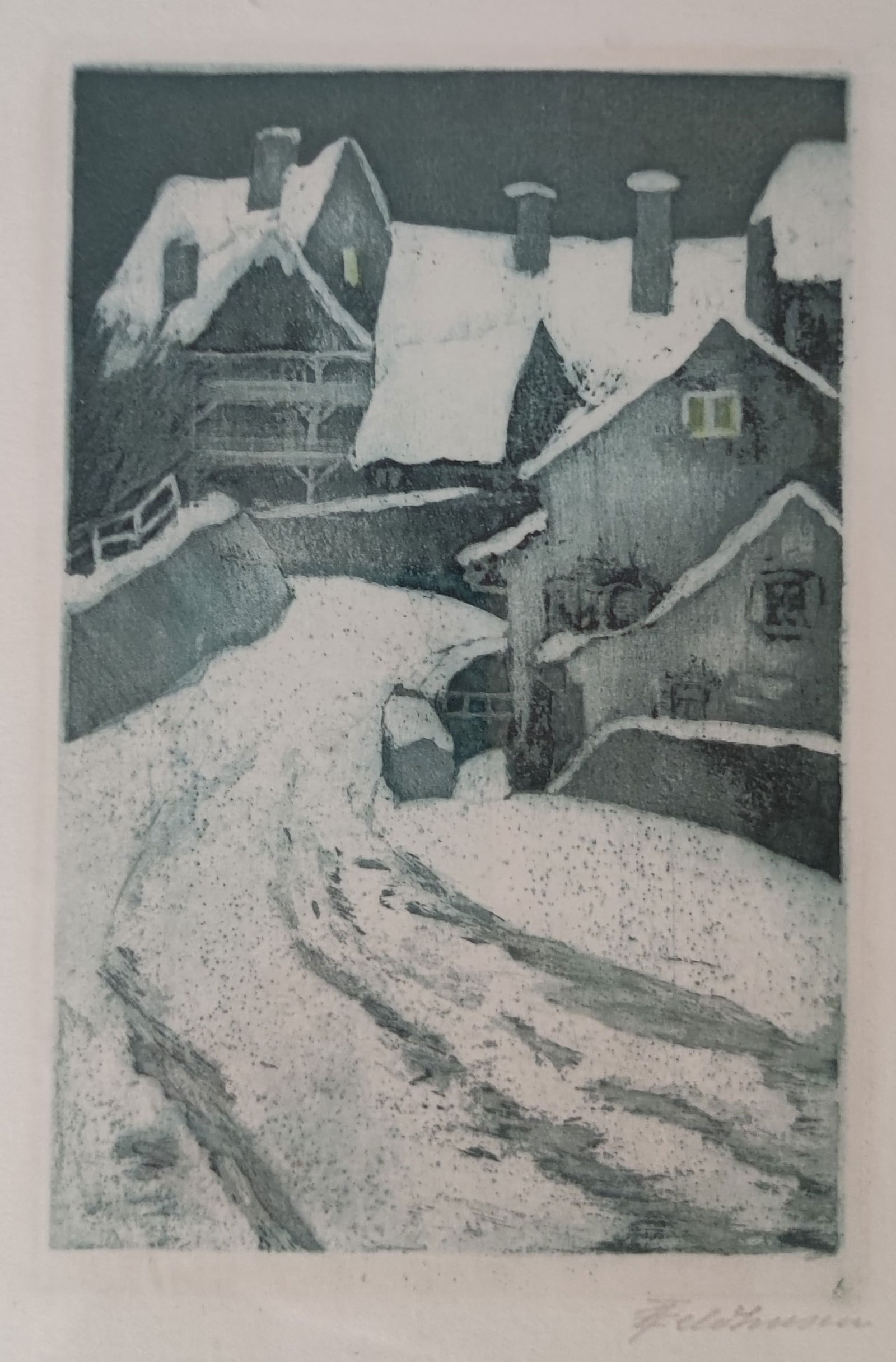 Anna Feldhusen Radierung: Anna Feldhusen Radierung Motiv Winterszene, gerahmt, Rahmenmaß ca. 19,5 x 24,5cm, Bildausschnitt ca. 9 x 14cm, u.r. signiert Anna Feldhusen Interne Nummer A0171400841