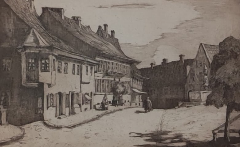 Anna Feldhusen Radierung: Anna Feldhusen Radierung Motiv Marktplatz Dachau, gerahmt, Rahmenmaß ca. 42 x 32cm, Bildausschnitt ca. 25 x 16,5cm, u.r. signiert Anna Feldhusen Interne Nummer A0171400842