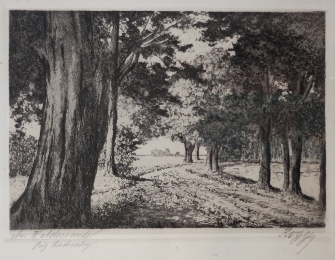 Cornelius Rogge Radierung: Cornelius Rogge Radierung Motiv "Am Waldesrand", gerahmt, Rahmenmaß ca. 32 x 25cm, Bildausschnitt ca. 17 x 12cm, u. r. signiert Rogge Interne Nummer A0171400843