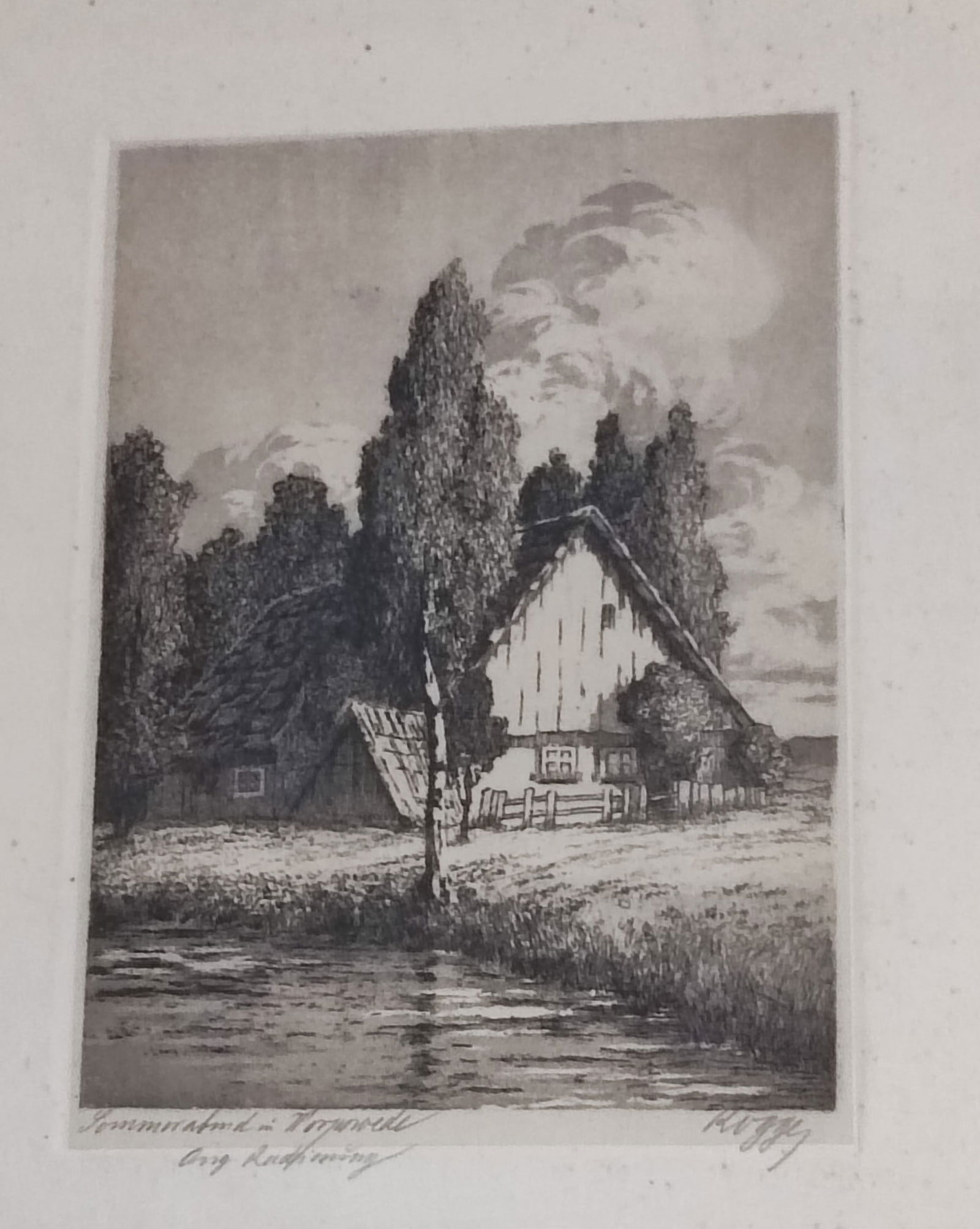 Cornelius Rogge Radierung: Cornelius Rogge Radierung Motiv "Sommerabend in Worpswede", gerahmt, Rahmenmaß ca. 25 x 31cm, Bildausschnitt ca. 12 x 18cm, u. r. signiert Rogge Interne Nummer A0171400844