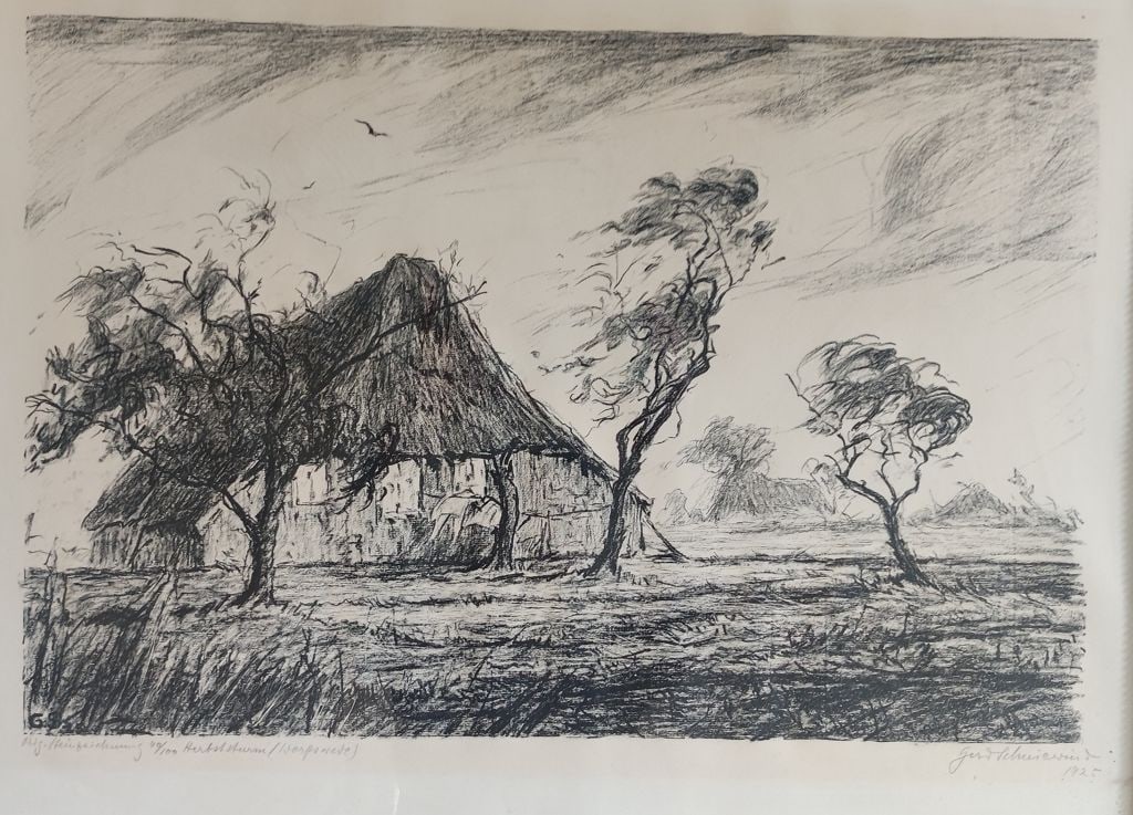 G. Schneidwind Steinzeichnung Worpswede 1925: Gert Schneidwind, Steinzeichnung 40/100, "Herbststurm Worpswede", u.r. sign., Gerd Schneidwind 1925, Rahmenmaß ca. 72 x 57cm, Bildausschnitt ca. 61 x 47cm Interne Nummer A0171400832