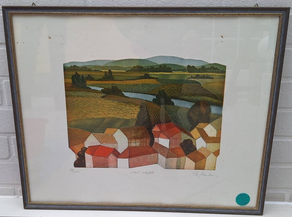 Peter Zimmermann "Land Schafft": Radierung "Land Schafft" signiert und gerahmt, Peter Zimmermann , Rahmenmaß 52,5 x 42,5cm, u.r. signiert Peter Zimmermann Titel "Land Schafft" Nr. 90/200 Interne Nr. A0180300001