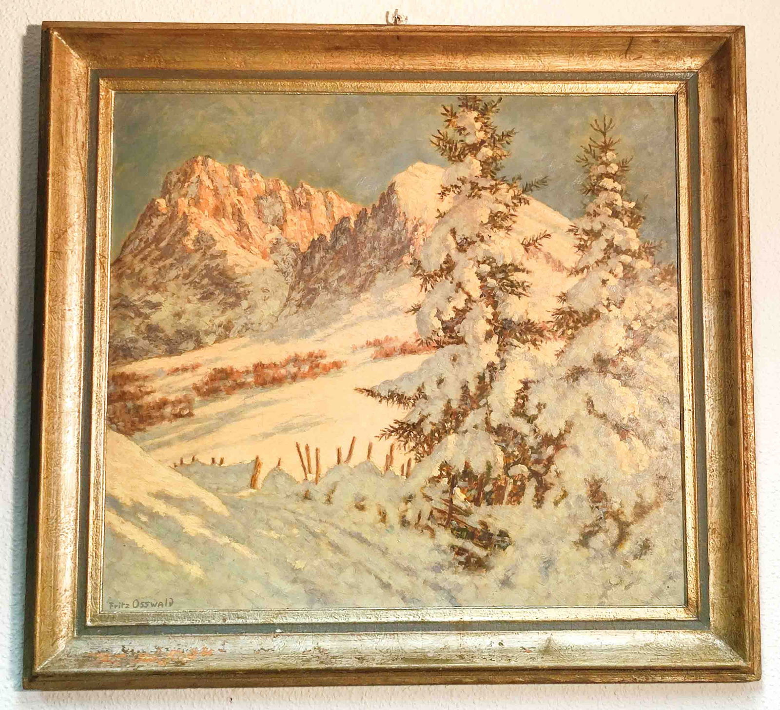 Fritz Osswald (1878 - 1966) Öl-Gemälde: Fritz Osswald (1878 - 1966) Öl-Gemälde Öl auf LW, gerahmt, Rahmenmaß ca. 37 x 31cm, Bildausschnitt ca. 19 x 13cm, Motiv Seisner Alm Langkofel Interne Nr. A0181100025