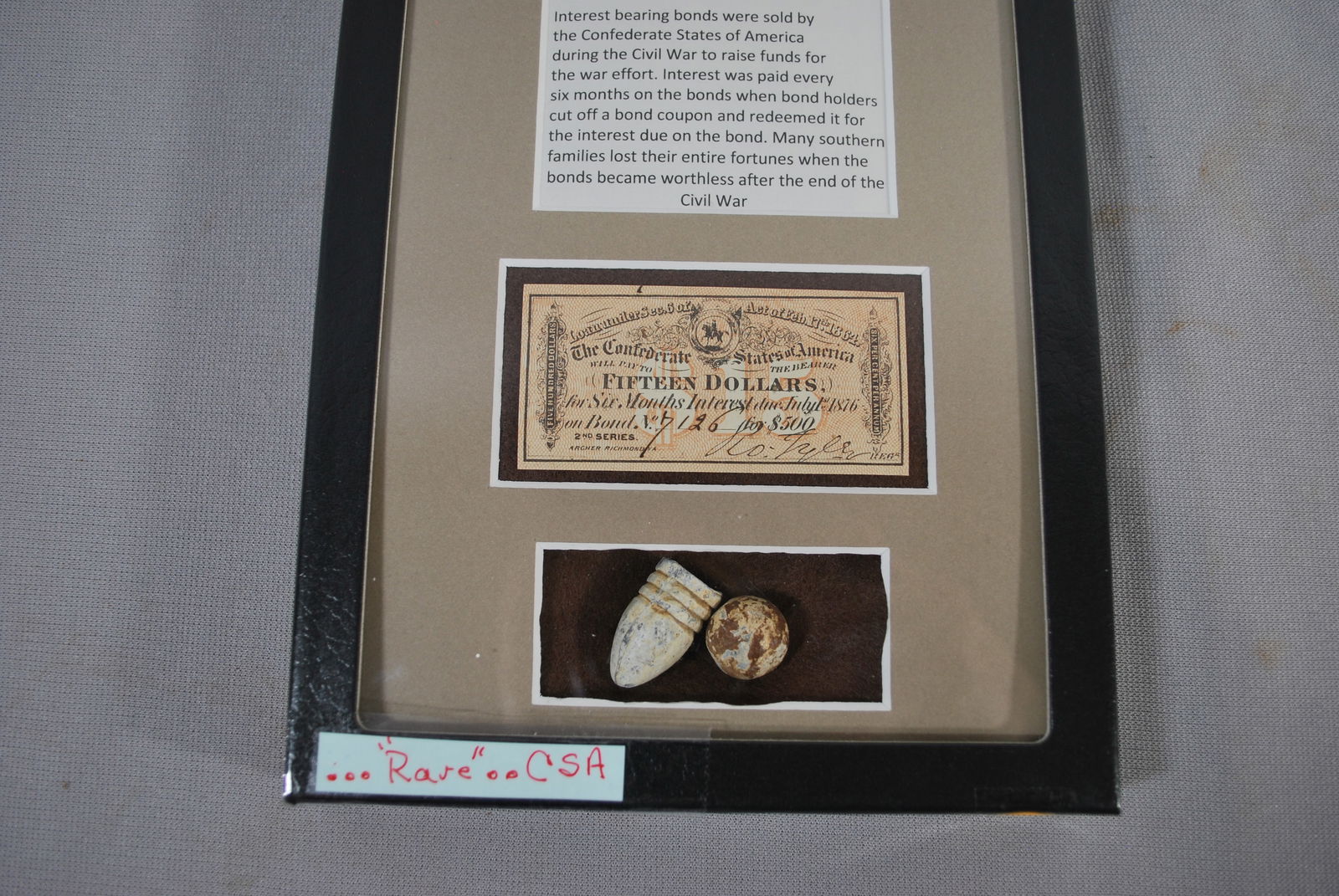 CSA $15 bond coupon, lead ball and bullet: CSA $15 bond coupon, lead ball and bullet