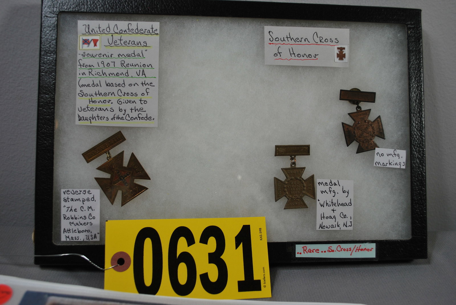 3 UCV Southern Cross of Honor souvenir medals: presented to CSA veterans at the 1907 Reunion in Richmond; with reference binder about the history of the Southern Cross of Honor