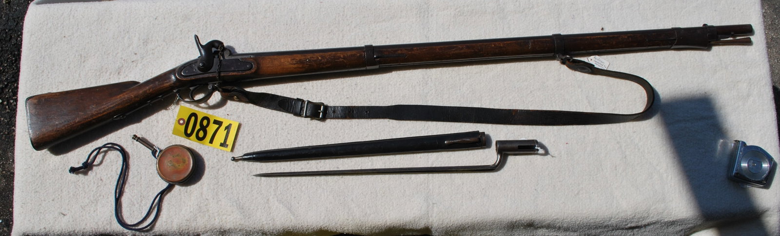 Austrian (?) rifle with US Model 1855-1864 iron angular bayonet, .58 cal.,: overall length 57.75, barrel 32.5, barrel w/ tang 44.75, with Austrian combination gun tool, and early primer powder flash pan, leather sling