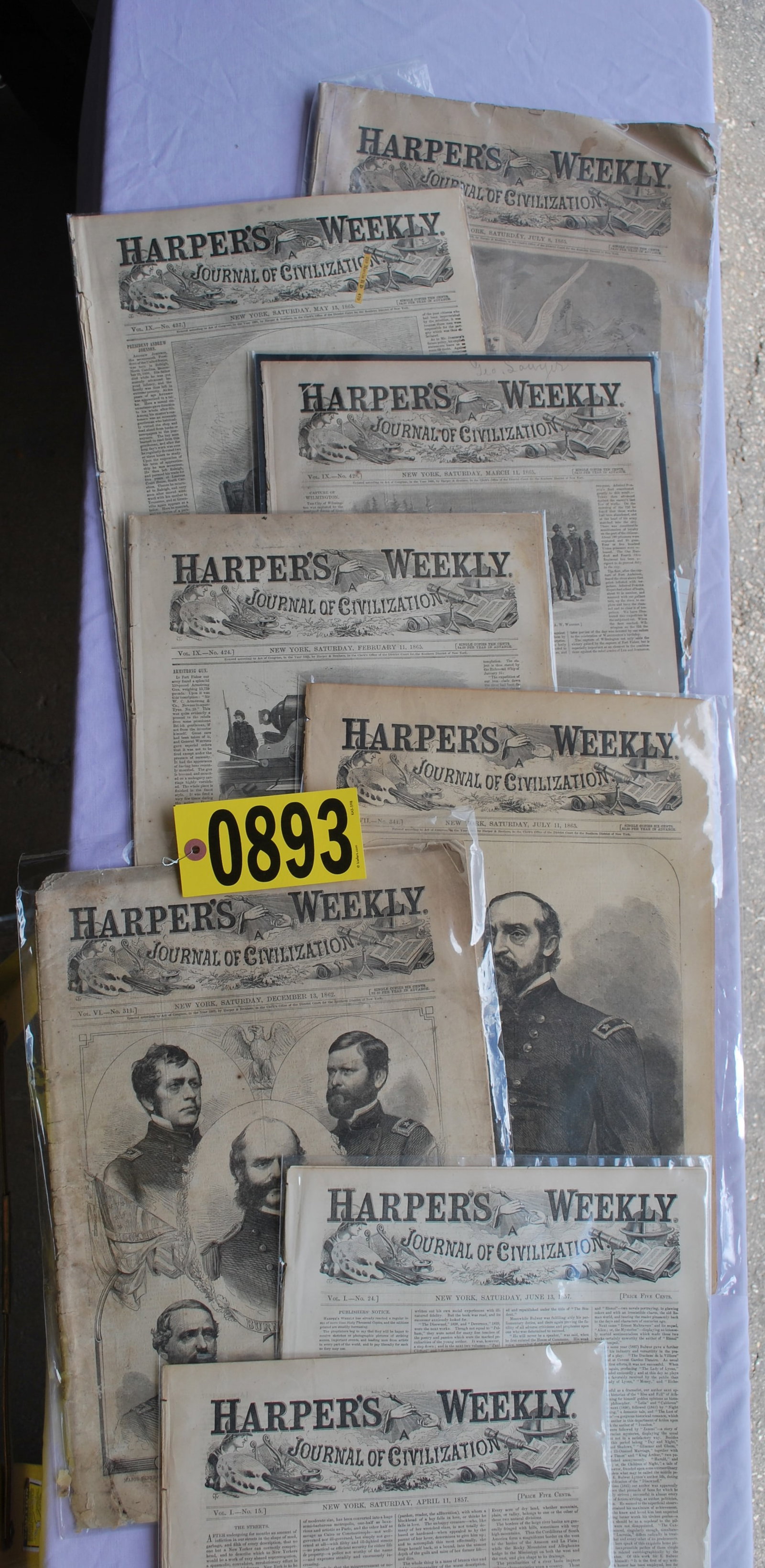 eight issues of Harper's Weekly (six war-time): New York, April 11, 1857, June 13, 1857, December 13, 1862, July 11, 1863, February 11, 1865, March 11, 1865, May 11, 1865, May 13, 1865, and July 8, 1865