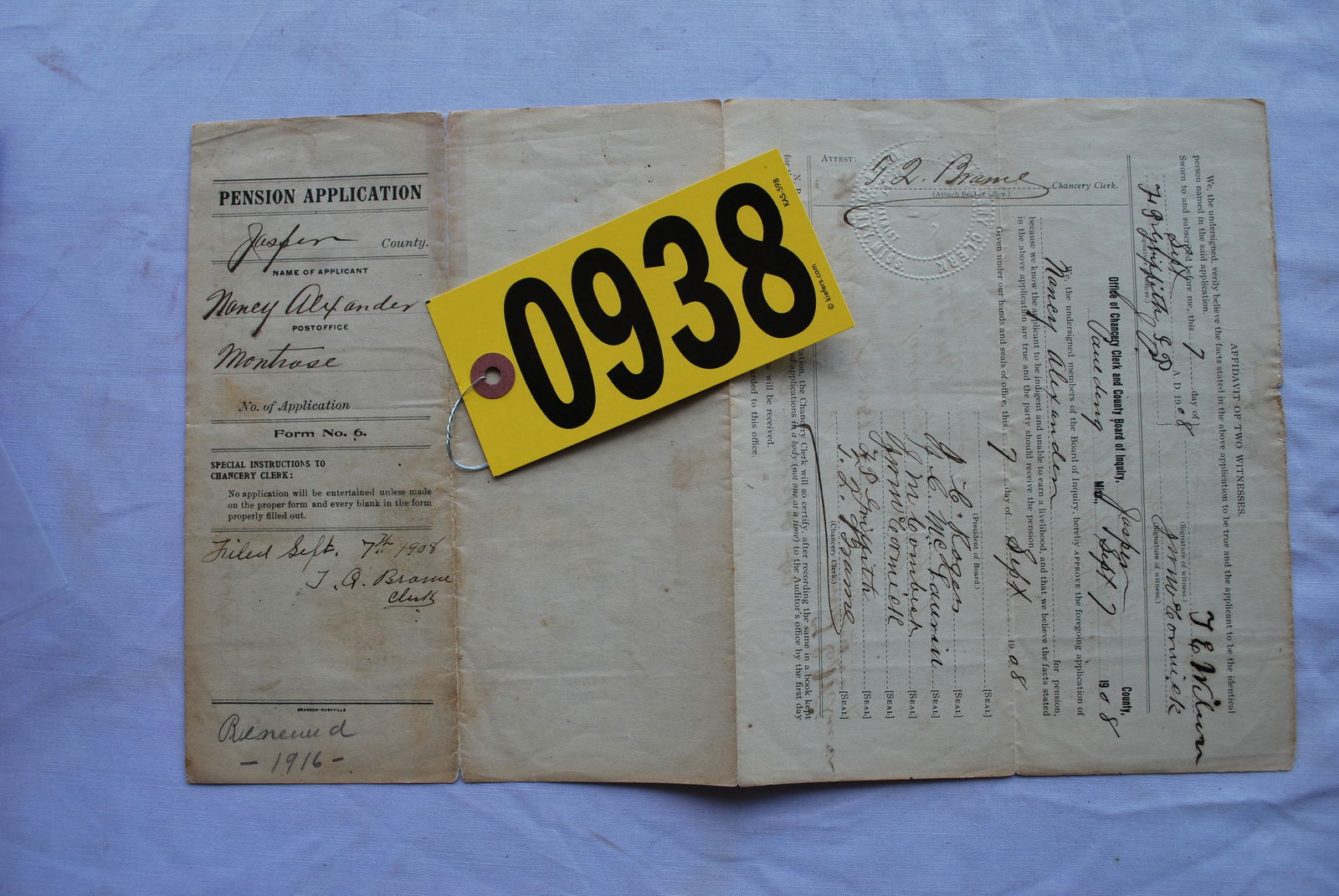 Pension application: Two original pages, form No.6. Dated 08/17/1908. Nancy Alexander applies for a widow's pension, widow of J.D. Alexander, Company H 3th Mississippi Infantry. Reference materials include copies of ances