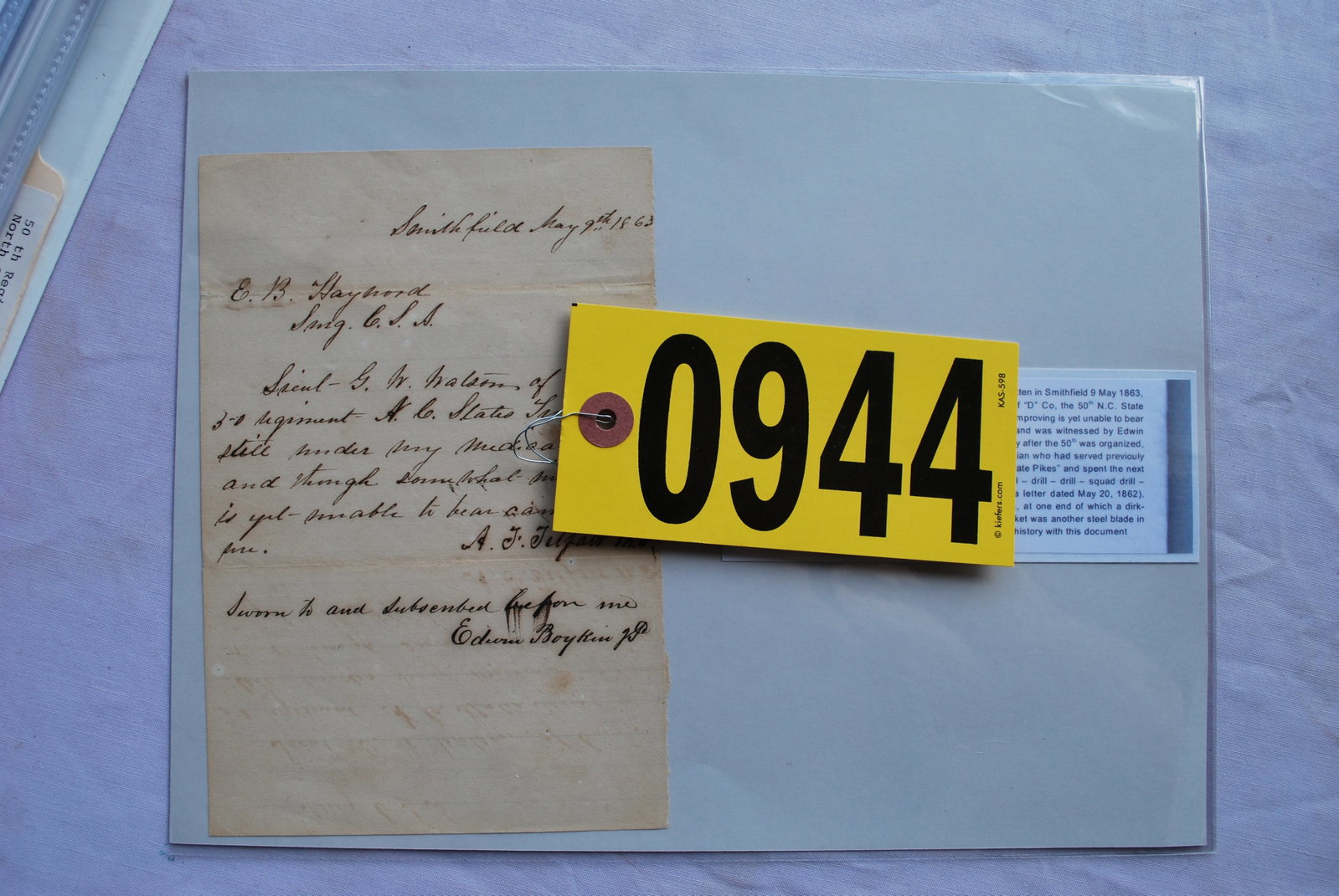 Confederate military letter: Dr. A. T. Telfair (Smithfield 05/09/1863) certifying that Lt. G.W. Watson, Company D 3rd North Carolina State Troops, is still under his medical charge and is unable to be at camp. Includes reference 