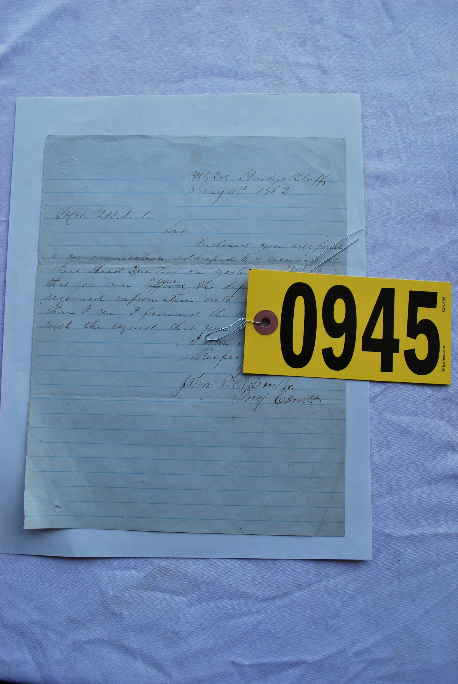 Confederate soldier letter: Cover letter (Hardy's Bluff, 01/10/1862) from John Park Wilson Jr., Company B 9th Virginia Infantry to Lt. Col. F.H. Archer. Includes copies of Wilson's pension and service records.
