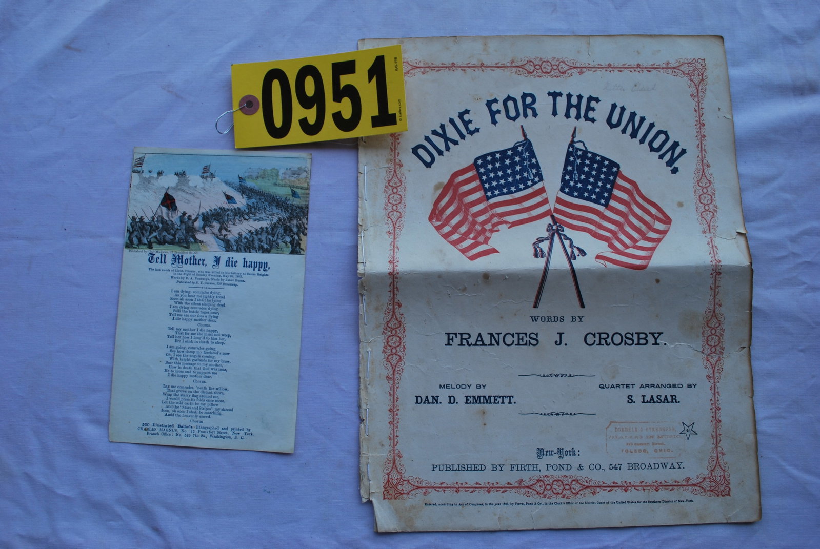 Two song sheets: "Tell Mother, I Die Happy," New York: Charles Magnus Co., n.d. & "Dixie for the Union," New York: Firth Pond & Co., 1860.