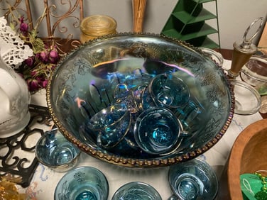 Vintage Indiana Blue Carnival Glass Punch Bowl w/ Cups