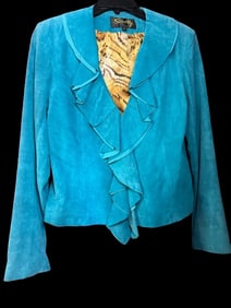 Turquoise Suede Scully Jacket W/Ruffle Detail on Front