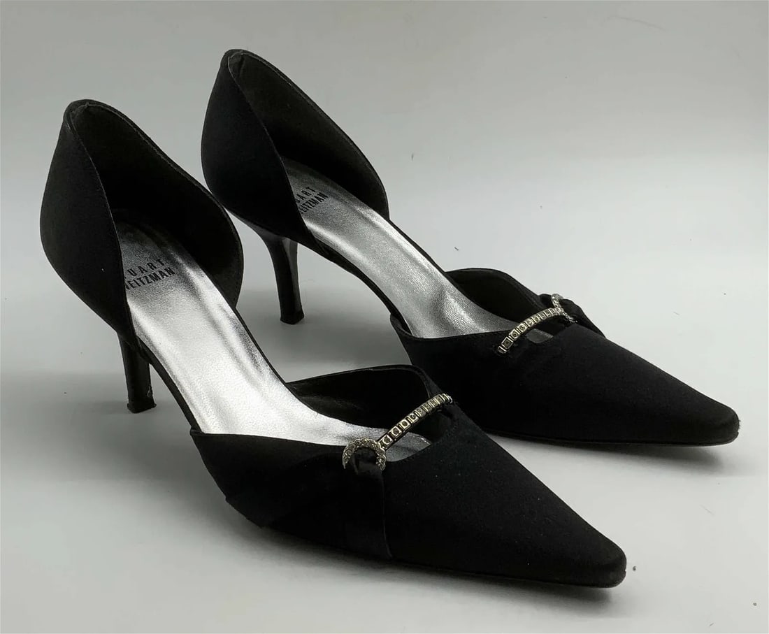 Stuart Weitzman Black Satin Pointed Toe Heels, size 9: Stuart WEITZMAN black satin pointed toe heels with crystal decoration. Size 9. Made in Spain. Some wear to material and soles consistent with exposure.