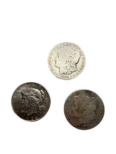 3 U.S Silver Dollars 1922, 1879, and 1896: 3 U.S $1 Coins 1922, 1879, and 1896. All are in good condition and have been polished as best as is possible.