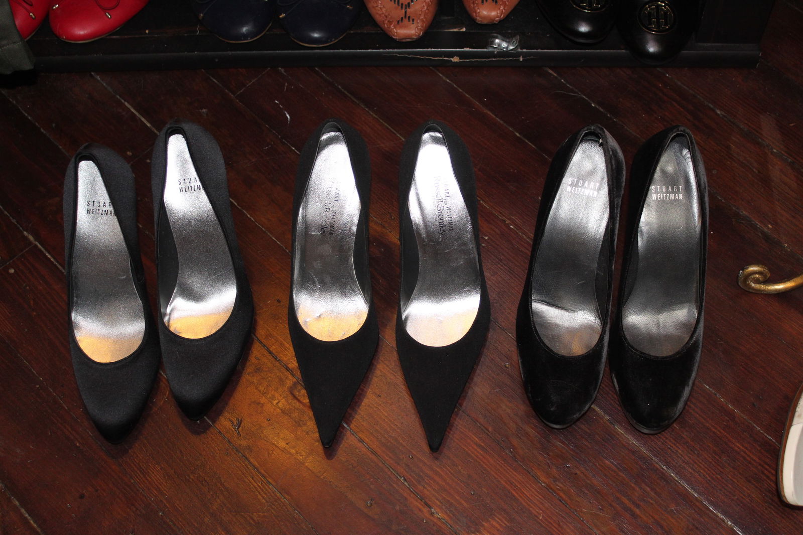 Lot of 3 Vintage Stuart Weitzman Heels SIZE 7 1/2: 1 black satin, pointy toed diamond covered stiletto heels, 1 super pointy toed diamond covered stiletto heels, 1 black velvet rounded toed stiletto heels. All 3 are size 7 1/2 and Stuart Weitzman bran
