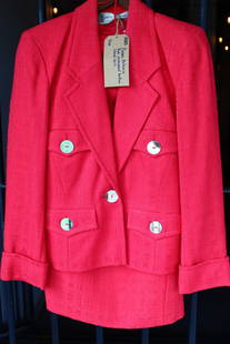Pierre Balmain Red Mirrored Button Skirt Set SIZE N/A: VINTAGE DEADSTOCK Balmain Red Suit Set with Large Mirrored Buttons, Size Unknown.