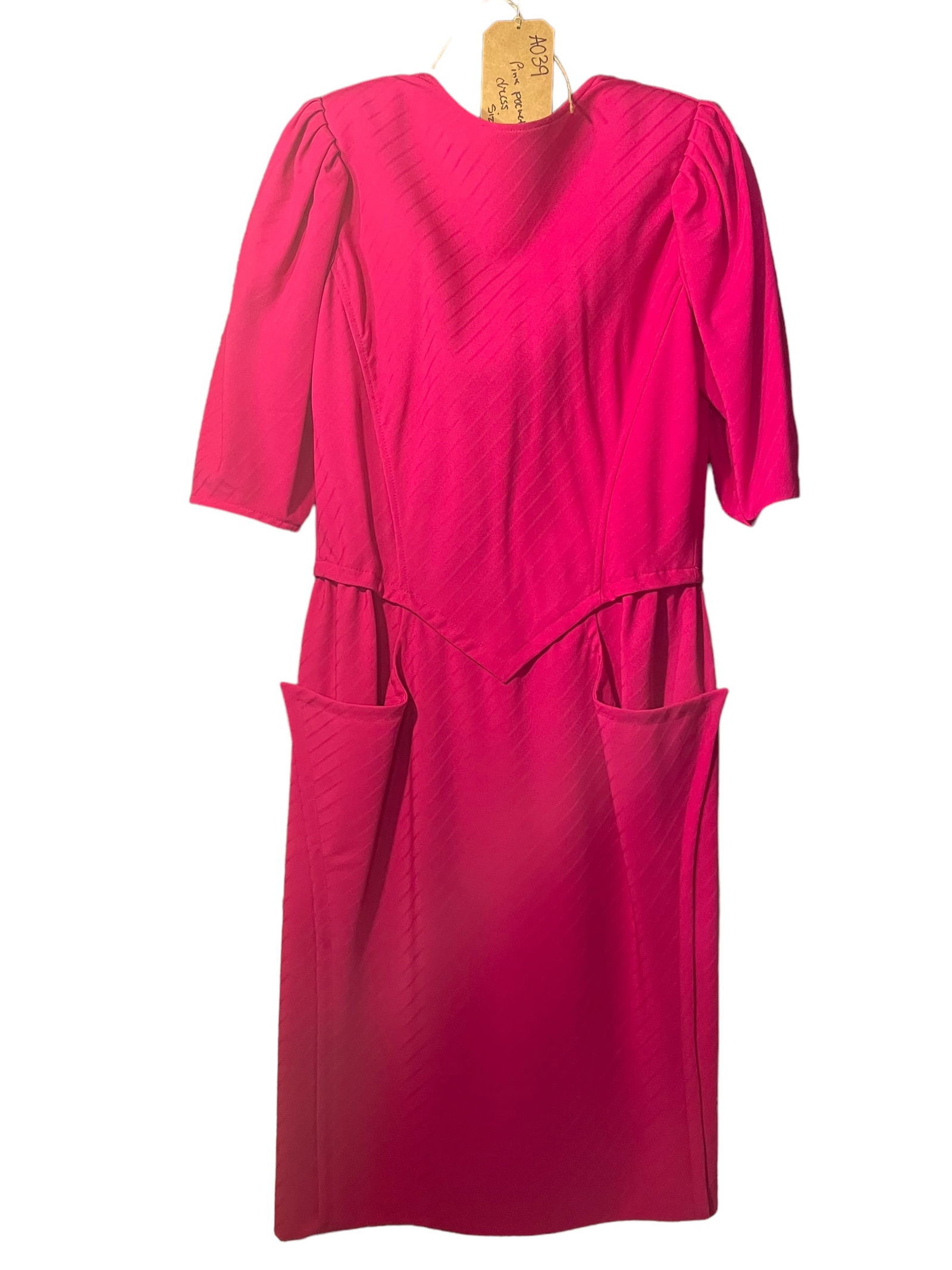 Emanuel Ungaro Pink Round Neck Dress with Pockets SIZE 12: Vintage Emanuel Ungaro hot pink round neck dress with pockets in front and a V-Back with zipper closure. Size 12