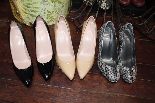 Lot of 3 Stuart Weitzman Heels SIZE 7 1/2: 1 pair of pointy toed black patent stacked stilettos, 1 pair of pointy toed nude patent stacked stilettos, 1 pair of round toed black & gray animal skin stilettos. All 3 are Stuart Weitzman brand.