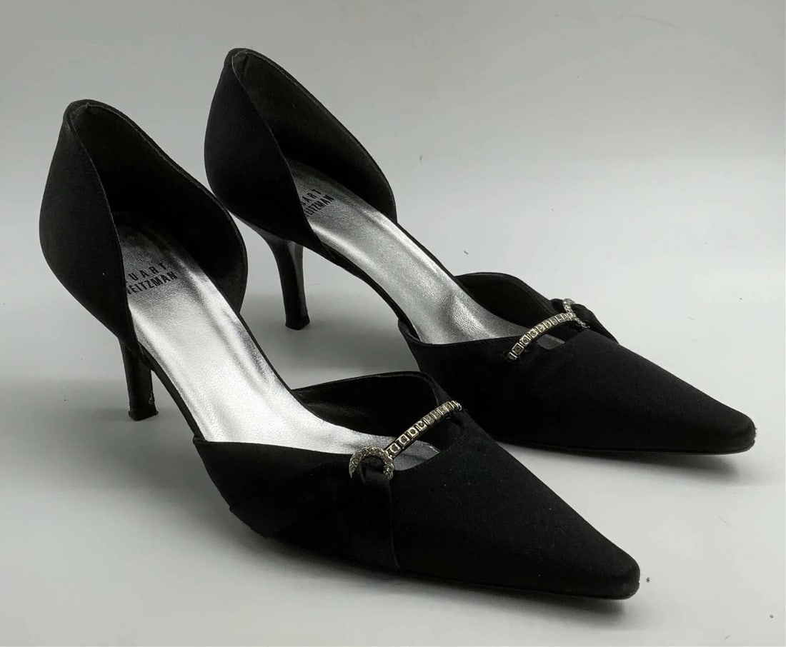 Stuart Weitzman Black Satin Pointed Toe Heels, Size 9: Stuart WEITZMAN black satin pointed toe heels with crystal decoration. Size 9. Made in Spain. Some wear to material and soles consistent with exposure.