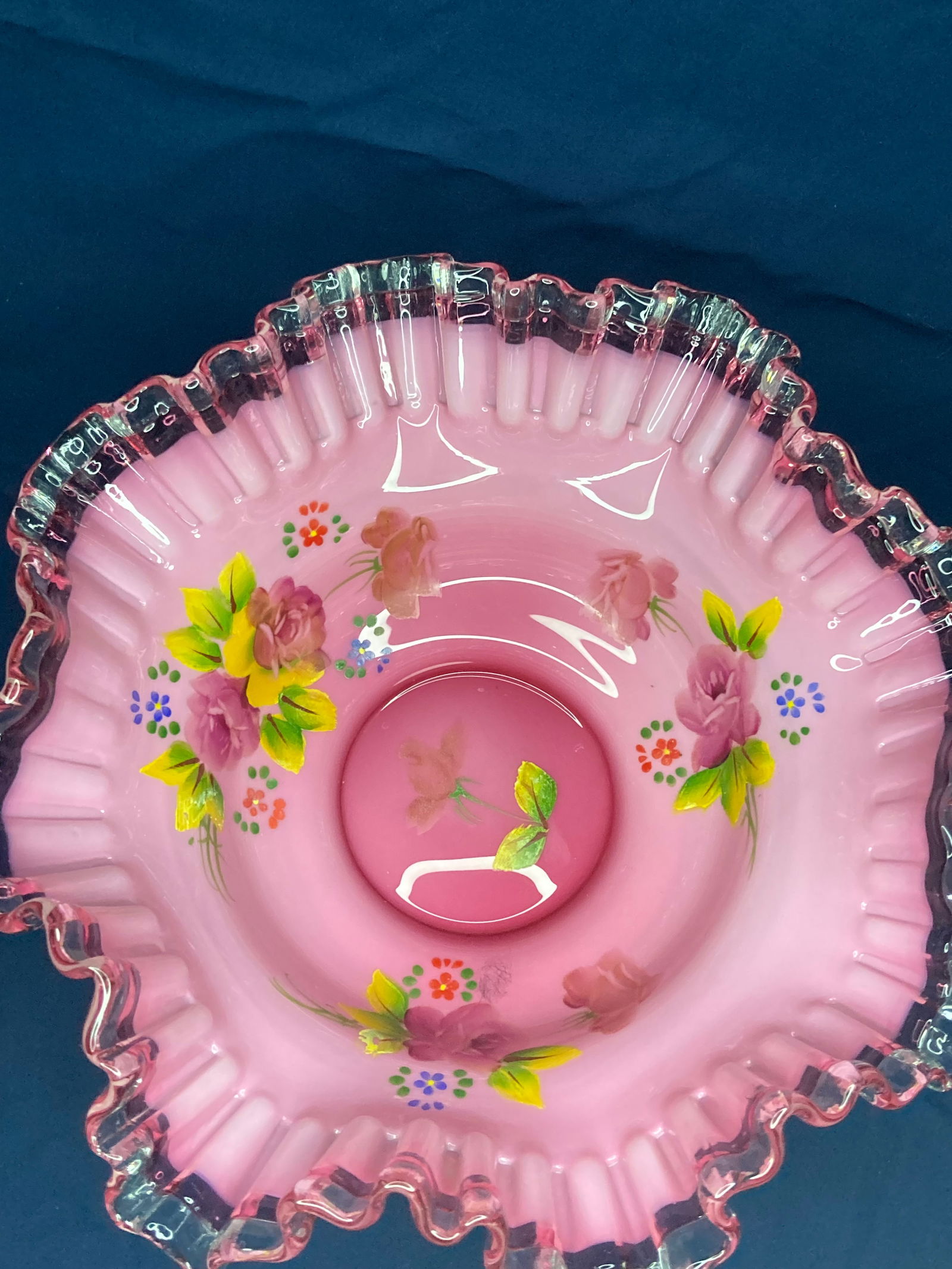 RARE! Handpainted Floral Fenton Pink Bridal Bowl with Ruffled Edges (1 of 3)