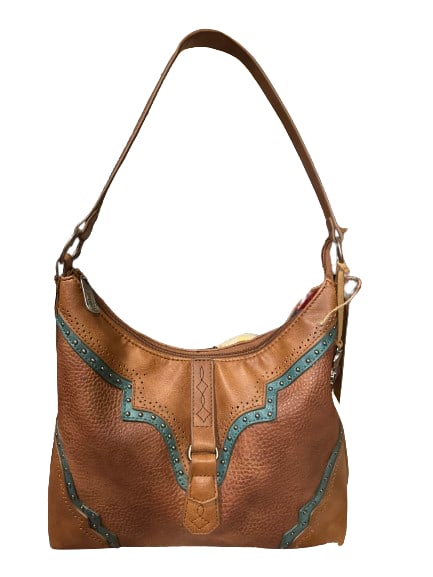 Justin Brown Leather Turquoise Detail Studded Handbag with Wallet (1 of 3)
