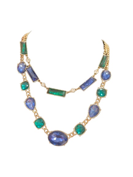 Signed NRQ Goldtone Green Blue Rhinestone Double Strands 18" Necklace & Earrings Set (1 of 2)